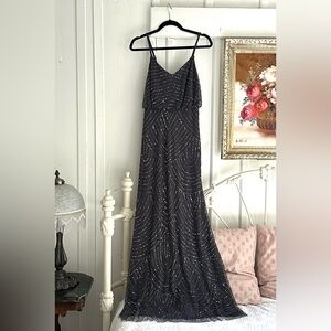 Adrianna Papell slate blue grey formal beaded gown. Style 091866700 Color GGL